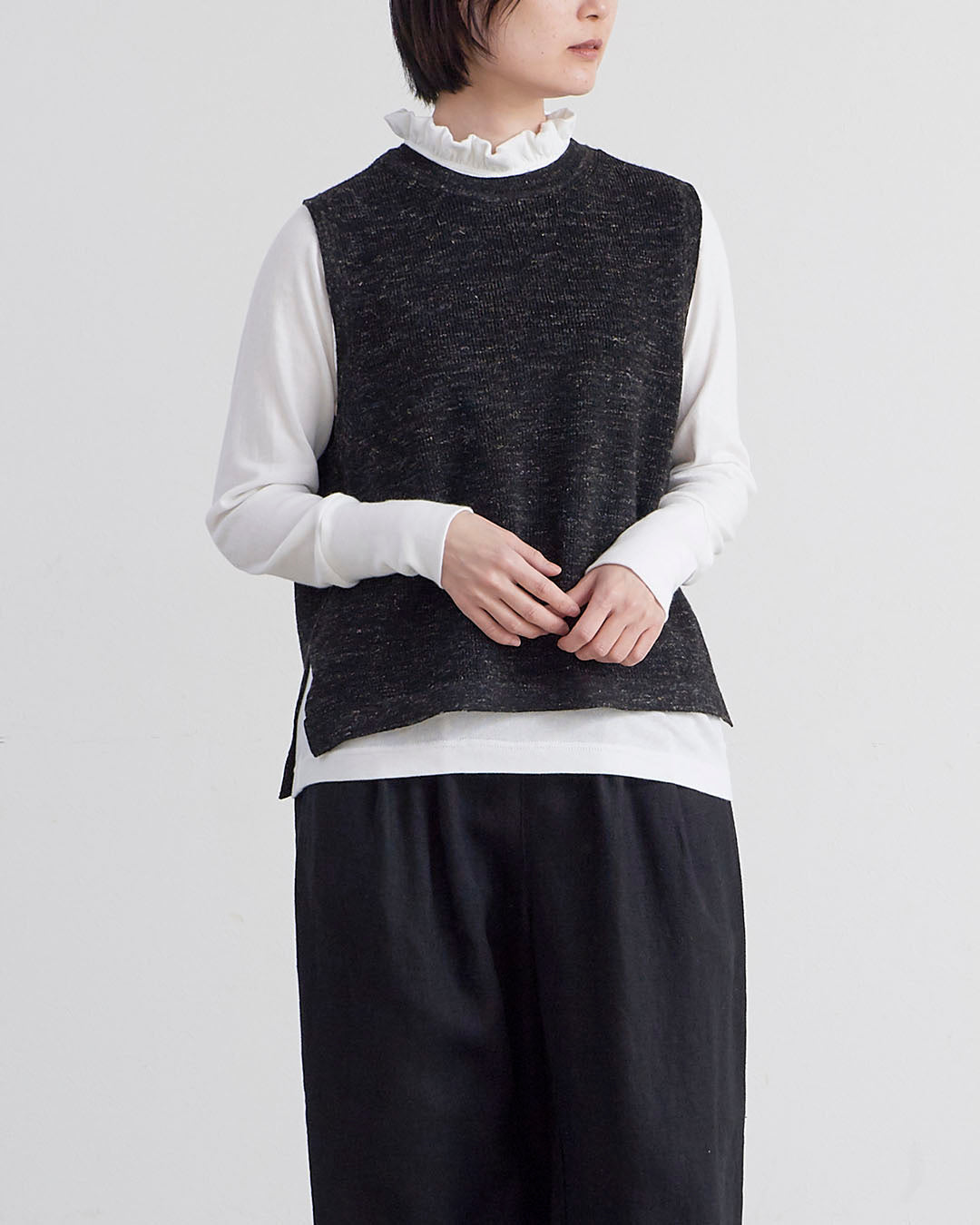 pois ポワ　knit vest　ニットベスト ブラック HEAVENLY ヘブンリー］ #018 Cotton Linen Wool Mix Knit Vest